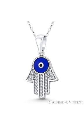 Hamsa Hand Evil Eye Charm CZ Crystal & Enamel Pendant in .925 Sterling Silver w/ Rhodium