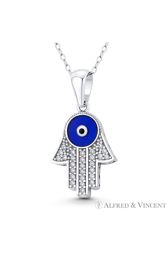 Hamsa Hand Evil Eye Charm CZ Crystal & Enamel Pendant in .925 Sterling Silver w/ Rhodium