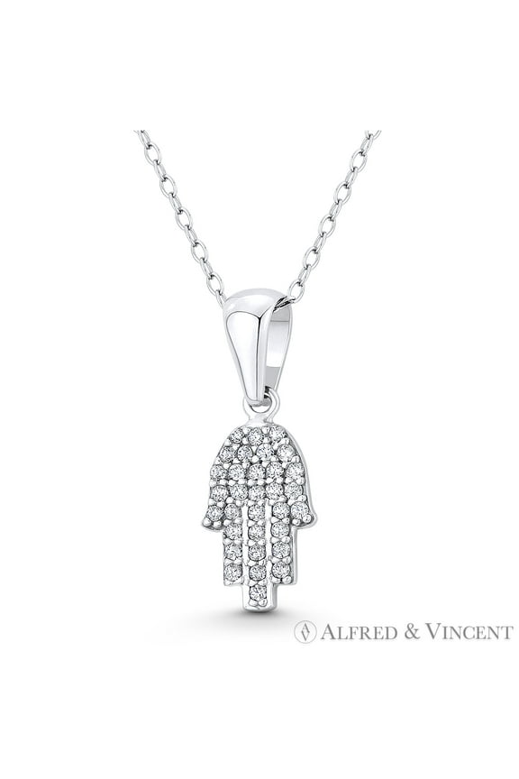 Hamsa Hand Evil Eye Charm CZ Crystal Pave Pendant & Chain Necklace in .925 Sterling Silver w/ Rhodium