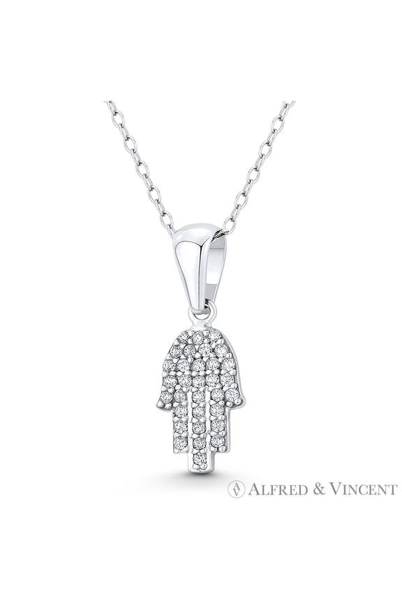 Hamsa Hand Evil Eye Charm CZ Crystal Pave Pendant in .925 Sterling Silver w/ Rhodium