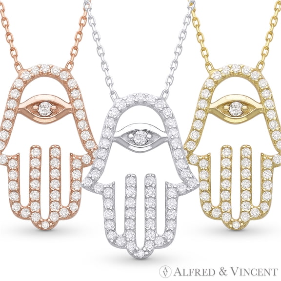 Hamsa Hand Evil Eye Charm CZ Crystal Pendant & Chain Necklace in .925 Sterling Silver