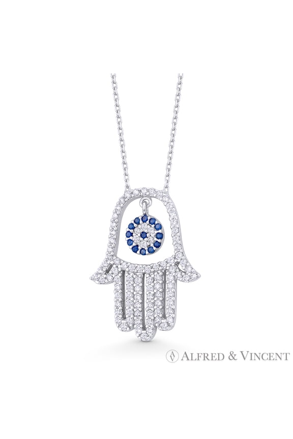 Hamsa Hand Evil Eye Charm CZ Crystal Pendant & Chain Necklace in .925 Sterling Silver
