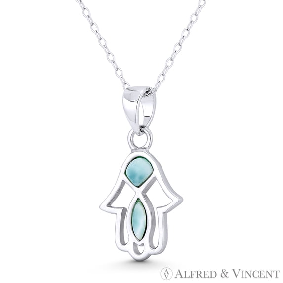 Hamsa Hand Evil Eye Charm Created Chalcedony 26x14mm (1x0.6in) Pendant in .925 Sterling Silver w/ Rhodium