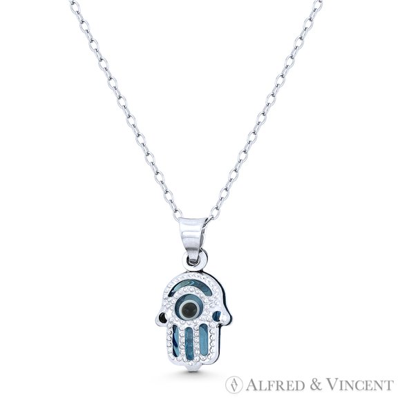 Hamsa Hand Evil Eye Charm Glass Bead Pendant & Chain Necklace in .925 Sterling Silver w/ Rhodium - Clear Light Blue