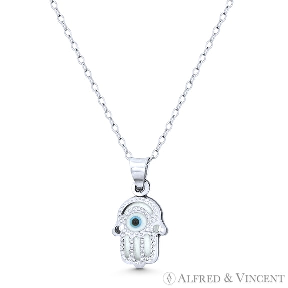 Hamsa Hand Evil Eye Charm Glass Bead Pendant & Chain Necklace in .925 Sterling Silver w/ Rhodium - Solid White