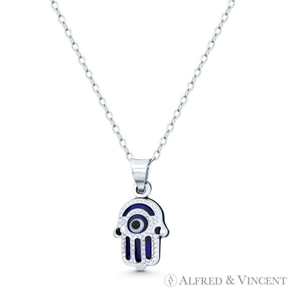 Hamsa Hand Evil Eye Charm Glass Bead Pendant in .925 Sterling Silver w/ Rhodium - Clear Navy Blue