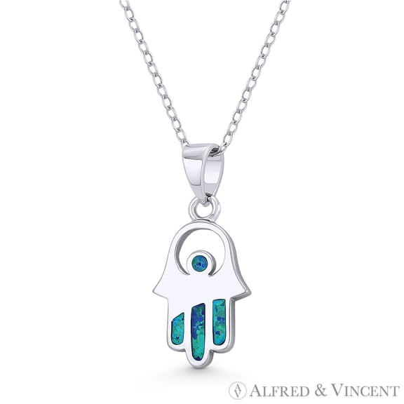 Hamsa Hand Evil Eye Charm Lab-Opal Pendant & Chain Necklace in .925 Sterling Silver w/ Rhodium