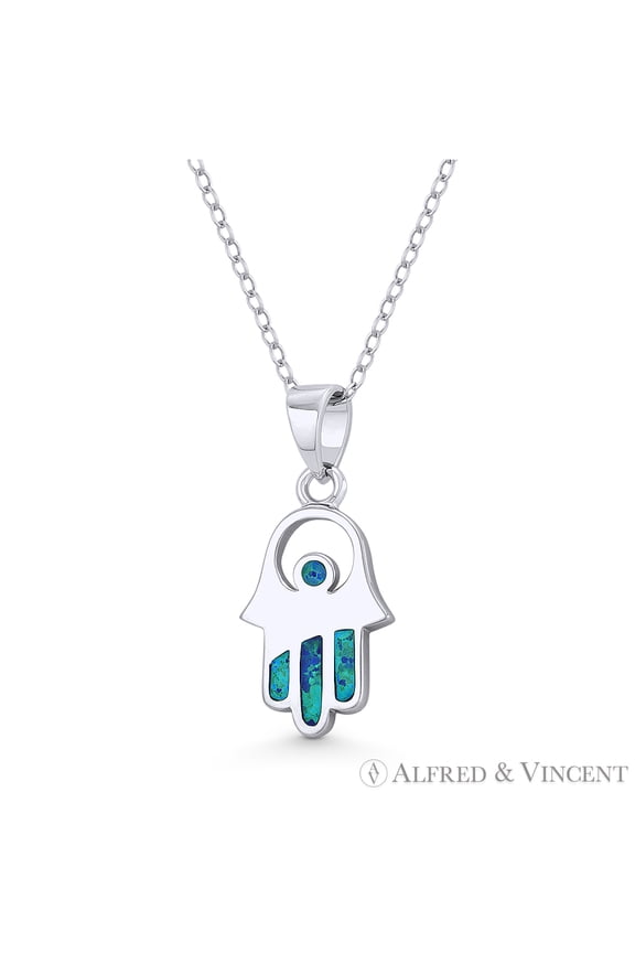 Hamsa Hand Evil Eye Charm Lab-Opal Pendant & Chain Necklace in .925 Sterling Silver w/ Rhodium