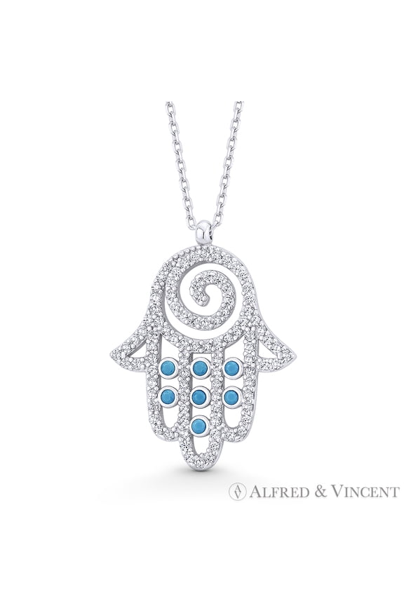 Hamsa Hand Evil Eye Charm Nano & CZ Crystal Pendant & Chain Necklace in .925 Sterling Silver