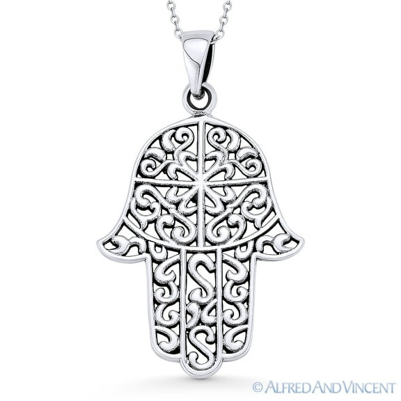 Hamsa Hand Evil Eye Charm Pendant & Chain Necklace in Antique-Style .925 Sterling Silver