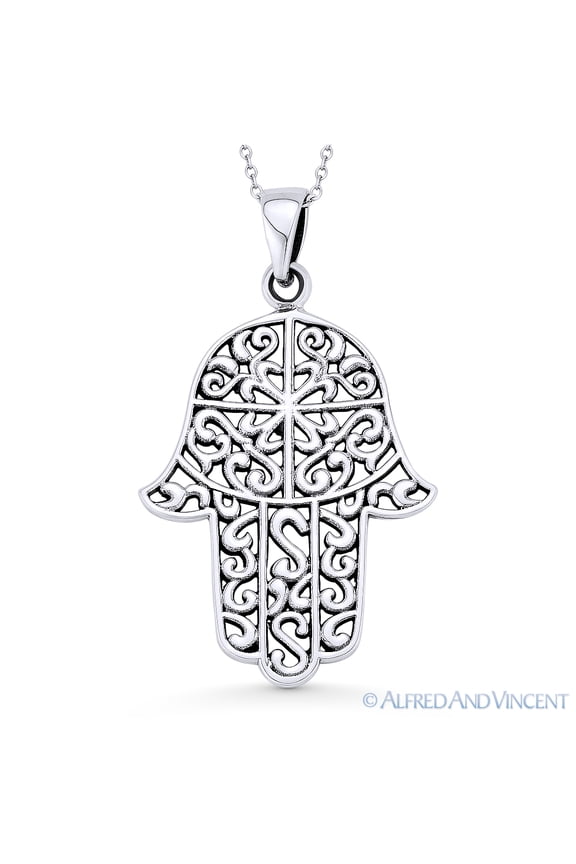 Hamsa Hand Evil Eye Charm Pendant & Chain Necklace in Antique-Style .925 Sterling Silver