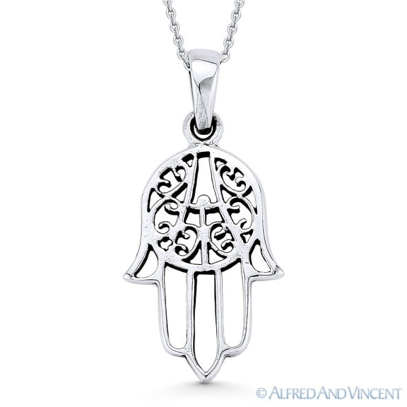 Hamsa Hand Evil Eye Charm Pendant & Chain Necklace in Antique-Style .925 Sterling Silver