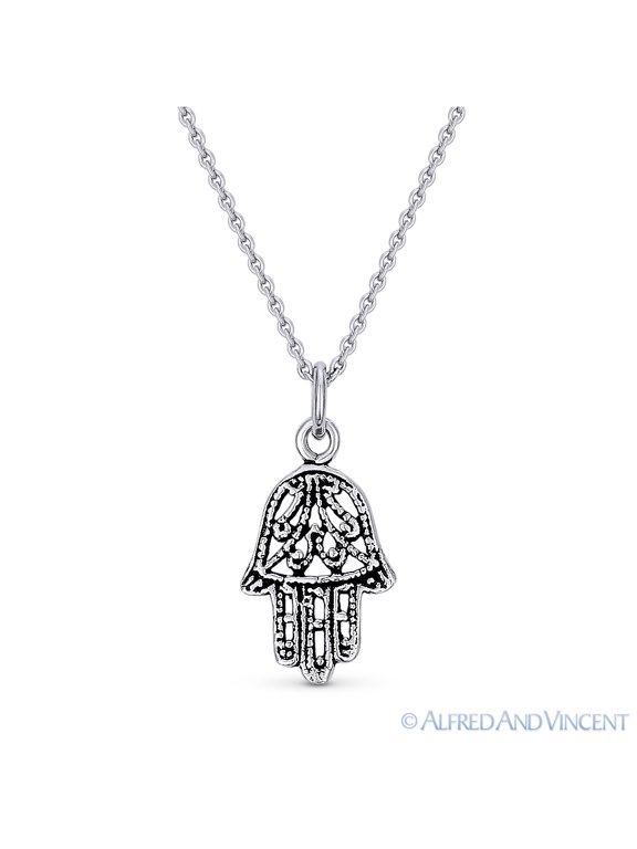 Hamsa Hand Evil Eye Charm Pendant & Chain Necklace in Antique-Style .925 Sterling Silver