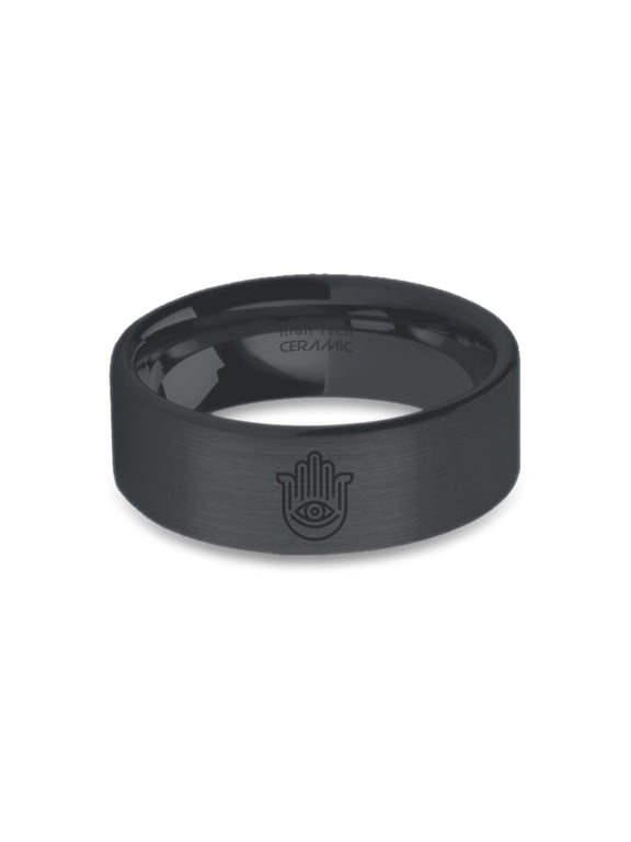 Hamsa Hand Evil Eye Engraved Black on Black Brushed Ceramic Ring, 8mm, Size 11