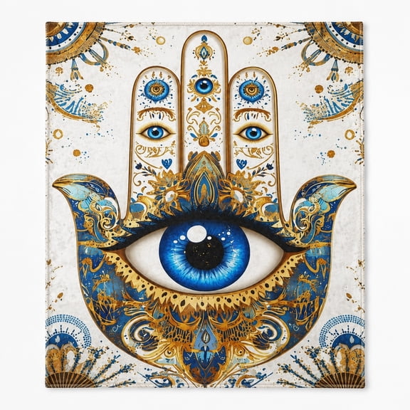 Hamsa Hand Evil Eye Fleece Throw Blanket, Blue Gold Boho Mystic Decor, Soft 280gsm Polyester, Lightweight All-Season Couch Blanket