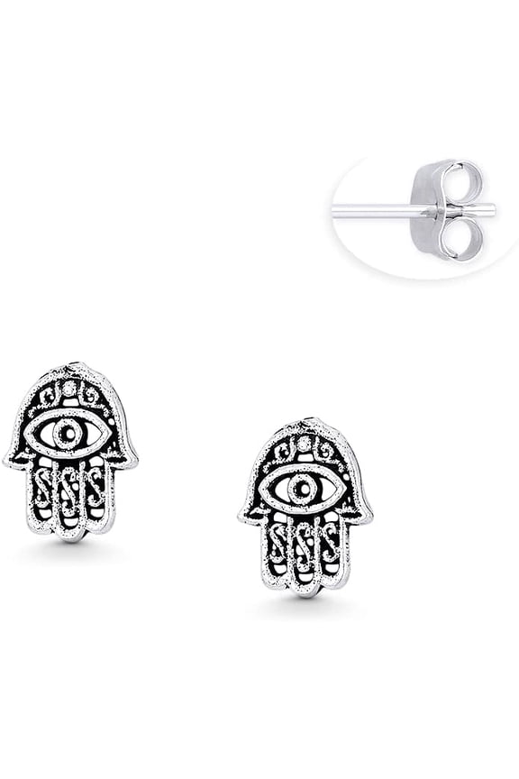 Hamsa Hand Evil Eye Luck Charm 8x6mm Tiny Stud Earrings in Oxidized .925 Sterling Silver[y402]
