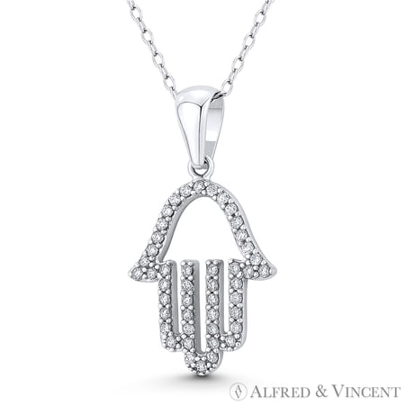 Hamsa Hand Evil Eye Luck Charm CZ Crystal Pendant & Chain Necklace in .925 Sterling Silver w/ Rhodium