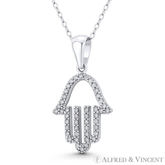 Hamsa Hand Evil Eye Luck Charm CZ Crystal Pendant & Chain Necklace in .925 Sterling Silver w/ Rhodium