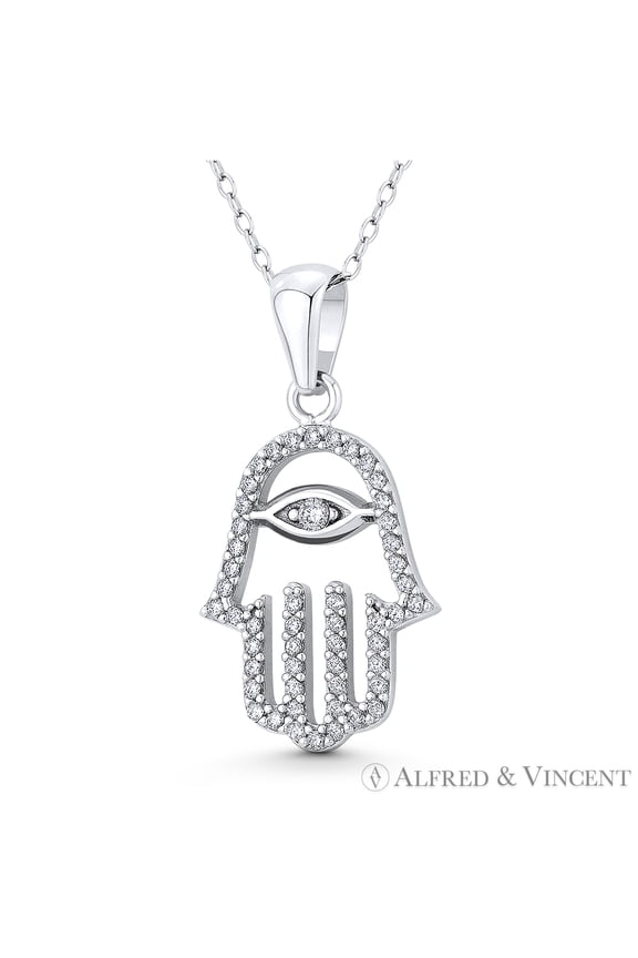 Hamsa Hand Evil Eye Luck Charm CZ Crystal Pendant in .925 Sterling Silver w/ Rhodium