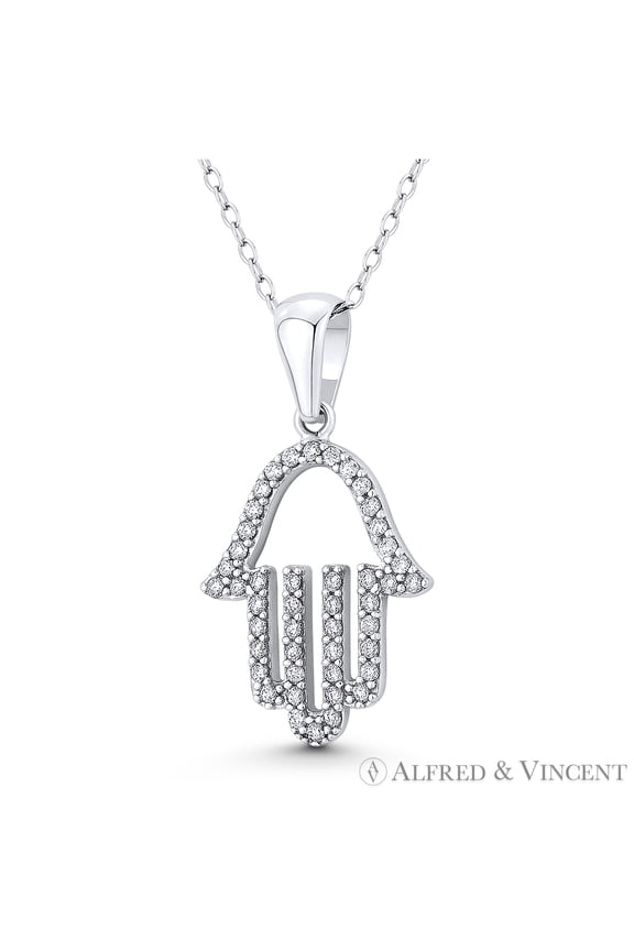 Hamsa Hand Evil Eye Luck Charm CZ Crystal Pendant in .925 Sterling Silver w/ Rhodium