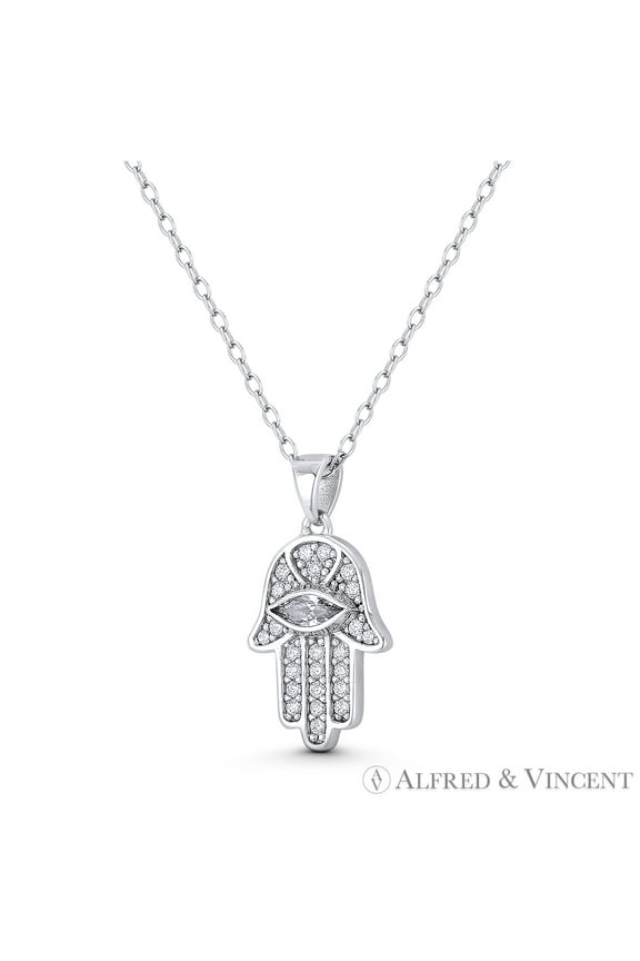 Hamsa Hand Evil Eye Luck Charm Cubic Zirconia Crystal 22x11mm (0.9x0.4in) Pendant & Chain Necklace in .925 Sterling Silver w/ Rhodium