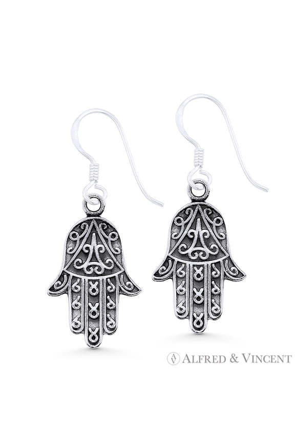 Hamsa Hand Evil Eye Luck Charm Dangling Hook Earrings in Oxidized .925 Sterling Silver