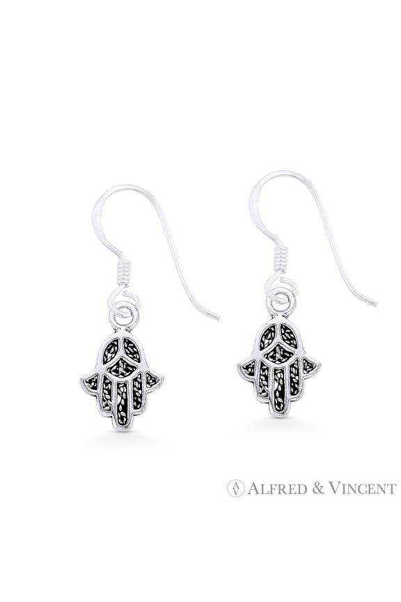 Hamsa Hand Evil Eye Luck Charm Dangling Hook Earrings in Oxidized .925 Sterling Silver