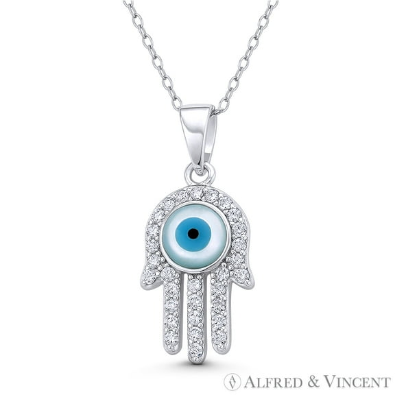 Hamsa Hand Evil Eye Luck Charm Mother-of-Pearl & Cubic Zirconia Crystal 25x11mm (11x0.4in) Pendant in .925 Sterling Silver w/ Rhodium