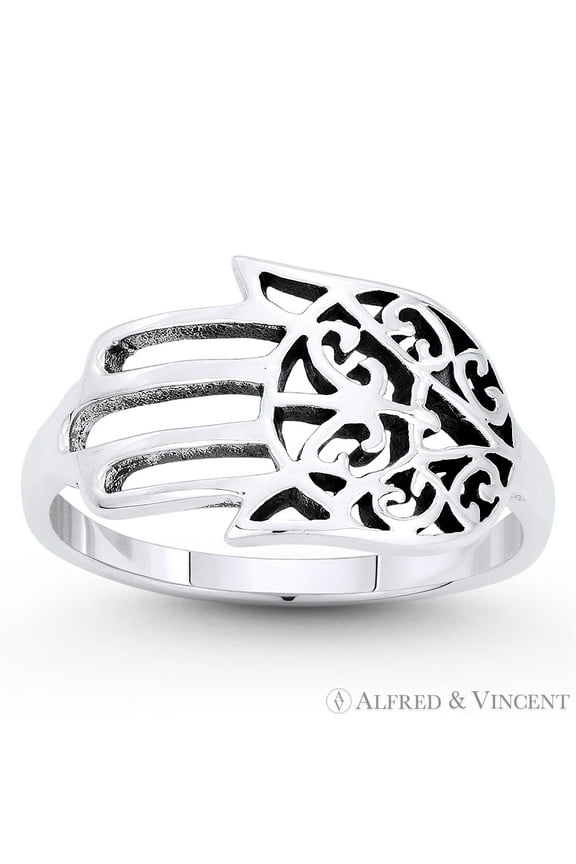 Hamsa Hand Evil Eye Luck Charm Ring in Oxidized .925 Sterling Silver