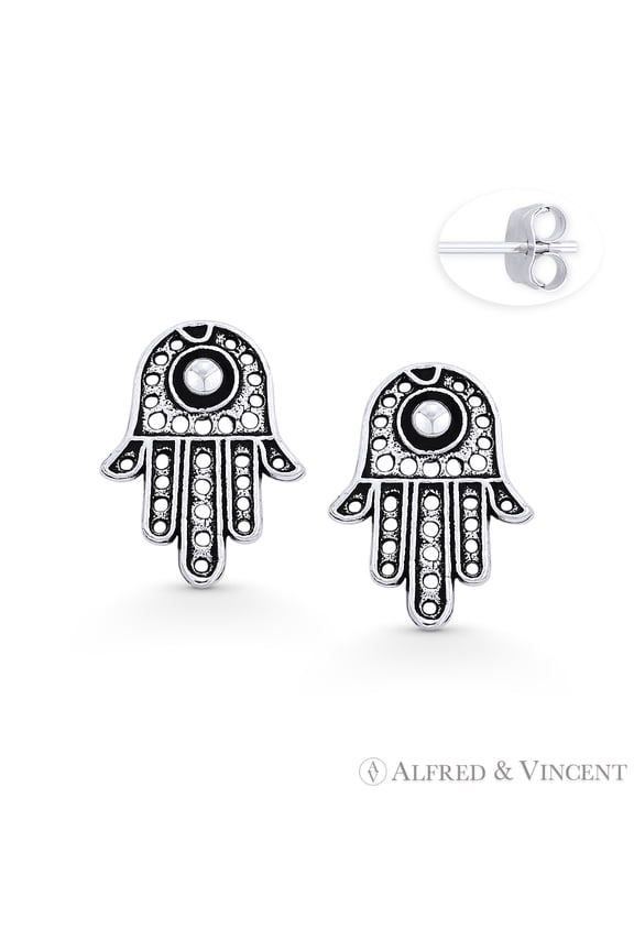 Hamsa Hand Evil Eye Luck Charm Stud Earrings in Oxidized .925 Sterling Silver