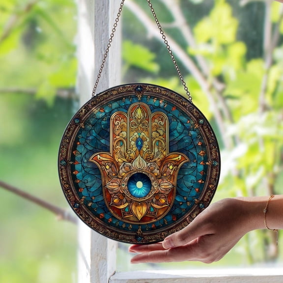 Hamsa Hand Glass Suncatcher, Protective Spiritual Window Art, Boho Meditation Decor, 3.5 in