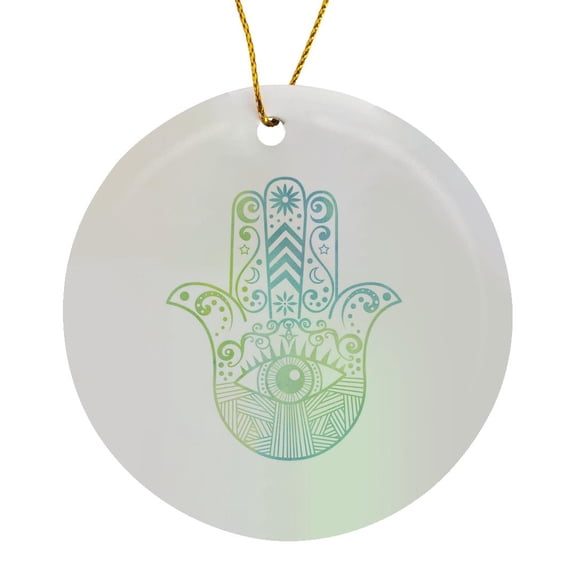 3drose, Hamsa Hand Green and Blue Watercolor, Circle Porcelain Ornament
