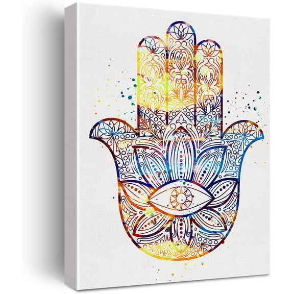 Hamsa Hand Kabbalah Watercolor Hand Art Canvas Painting Prints for Home Wall Decor Framed Artwork Wedding Housewarming Gifts(12x15)