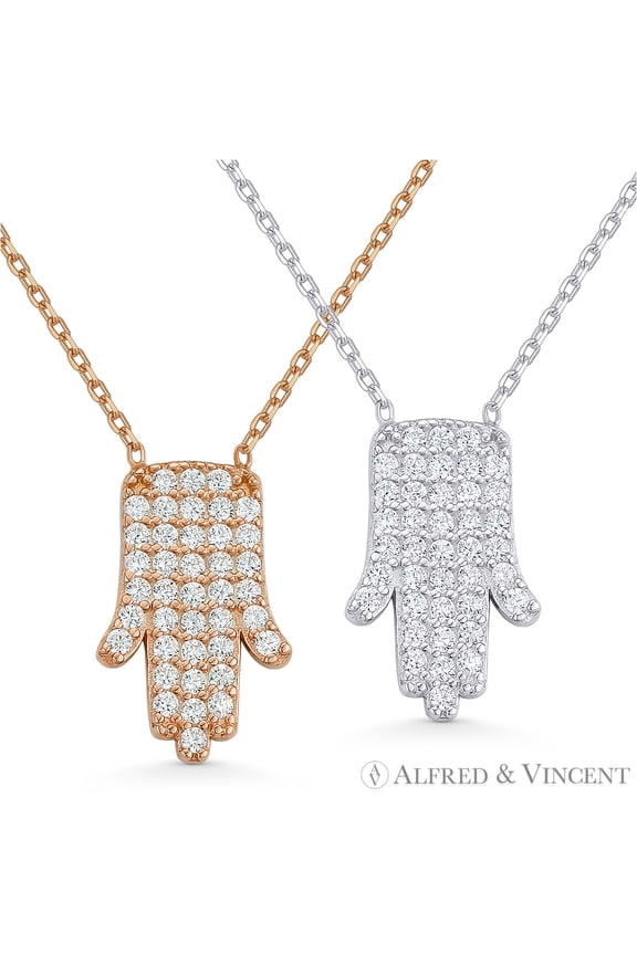 Hamsa Hand Luck Charm CZ Crystal Pendant & Chain Necklace in .925 Sterling Silver