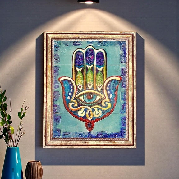 Hamsa Hand Mosaic Wall Art – Limra Stone Tile, Framed Spiritual Decor Poster, Poster Only