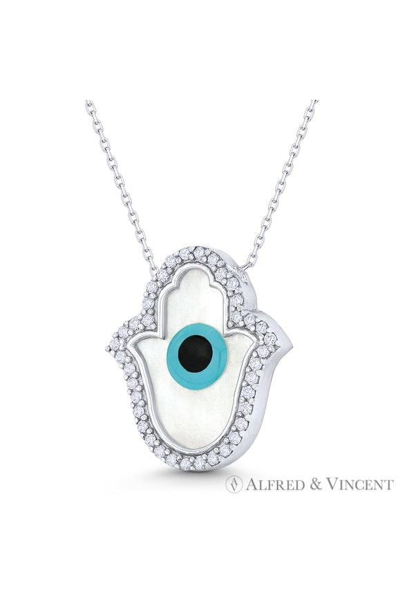 Hamsa Hand Mother-of-Pearl & CZ Crystal Evil Eye Luck Charm Necklace in .925 Sterling Silver w/ Rhodium