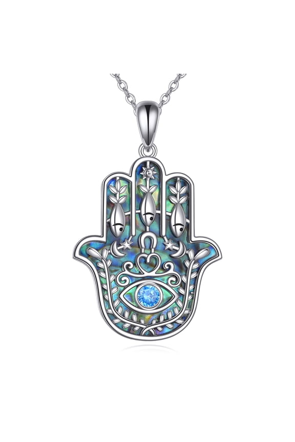 Hamsa Hand Necklace for Women S925 Sterling Silver Evil Eye Pendant with Abalone Shell Religious Jewelry Birthday Gifts for Mom Wife (Hamsa Hand)