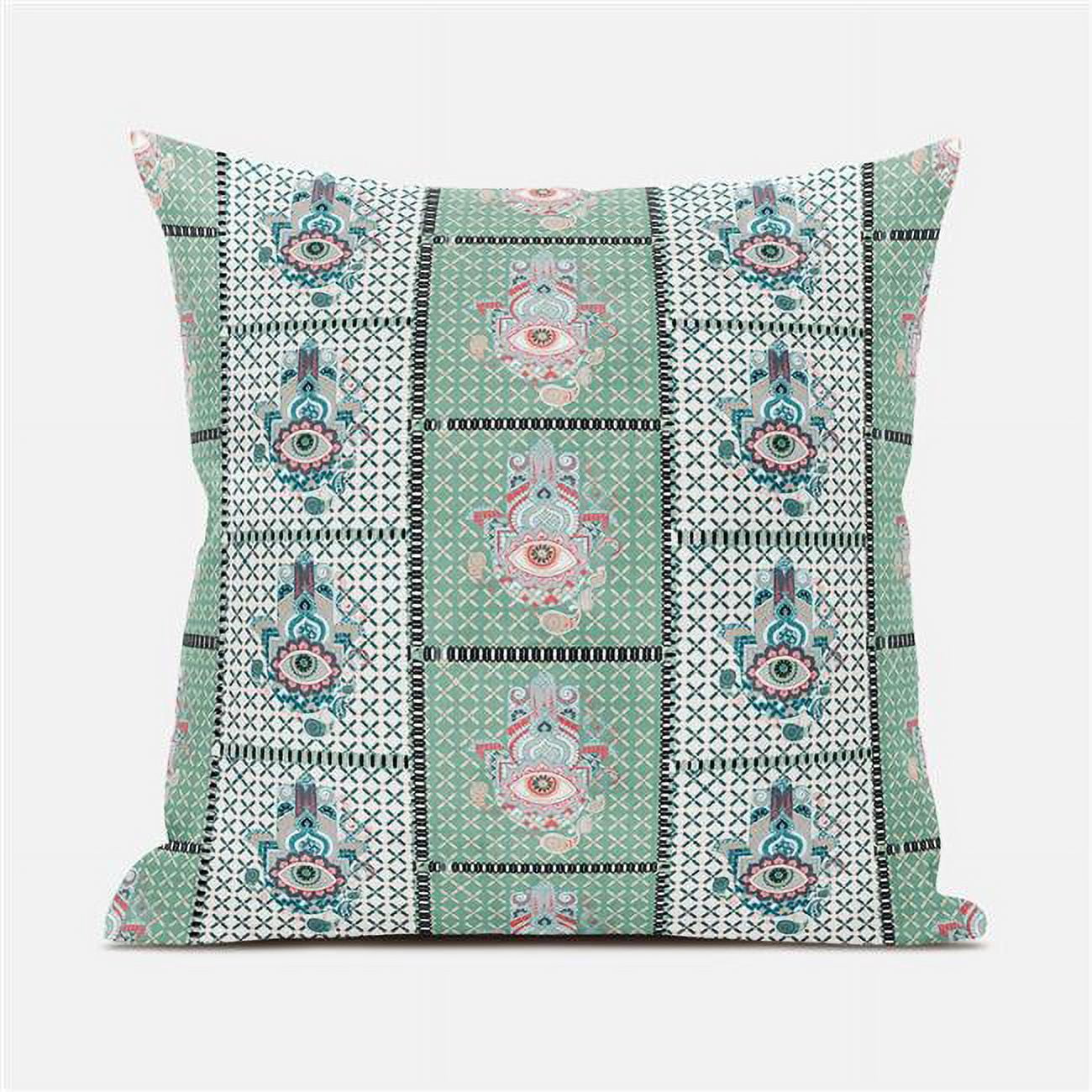 White and Green Faux Suede Hamsa Hand Paisley Throw Pillow