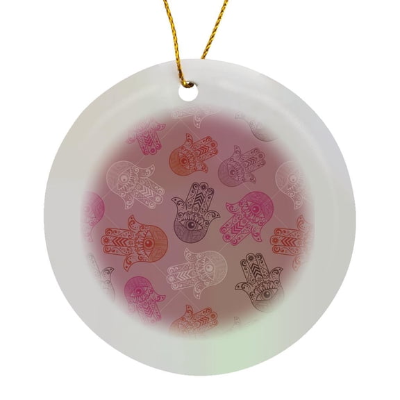 3drose, Hamsa Hand Pattern Mauve Pink and Purple, Circle Porcelain Ornament