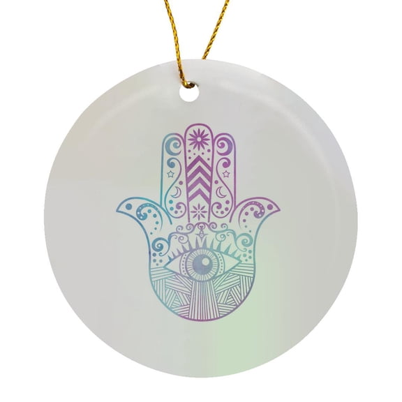 Hamsa Hand Purple And Blue Watercolor, Circle Porcelain Ornament