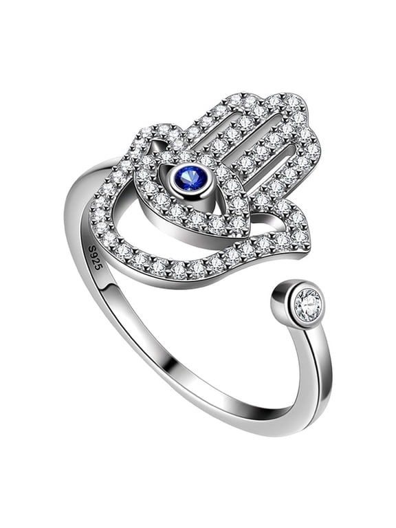 Hamsa Hand Ring 925 Sterling Silver Blue Third Eye Hand of Fatima Ring Lucky Amulet Jewelry Women Gift