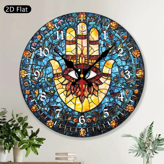 Hamsa Hand Round Wall Clock, Hand of Fatima Protection Spiritual Home Decor, MDF Wood Silent Decorative Clock, Boho Accent Unique Gift for Living Room