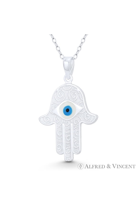 Hamsa Hand Spiral Detail & Evil Eye Enamel Charm Pendant in .925 Sterling Silver