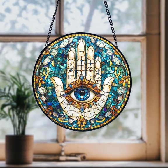 Hamsa Hand Stained Glass Art Hand of Fatima Spiritual Protection Charm Unique Housewarming Gift Window Decor