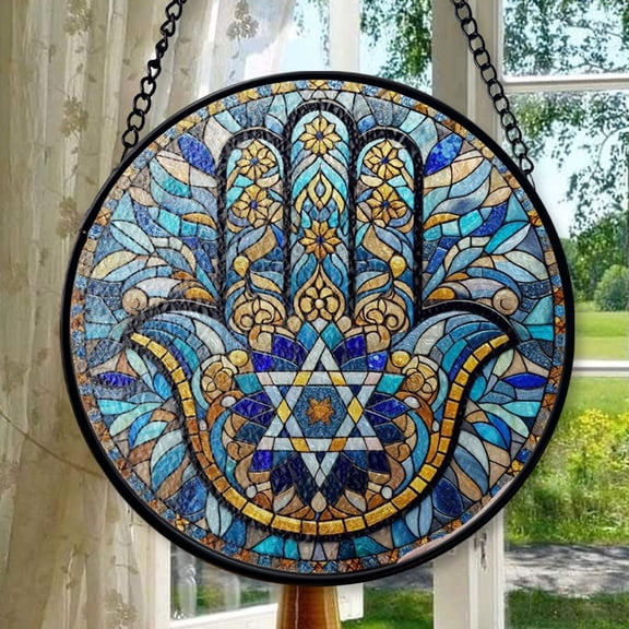 Hamsa Hand Star of David GLASS Suncatcher, Hanukkah Chanukah Suncatcher Ornament, Jerusalem spiritual window hanging, Jewish Festival, Stained Glass Ornament 2025, Holiday