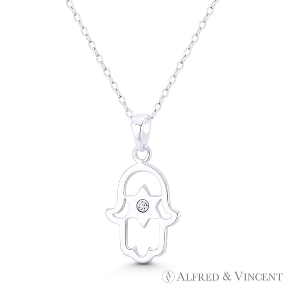 Hamsa Hand & Star of David Solitaire CZ Charm 24x13mm (0.8x0.5in) Pendant & Chain Necklace in .925 Sterling Silver
