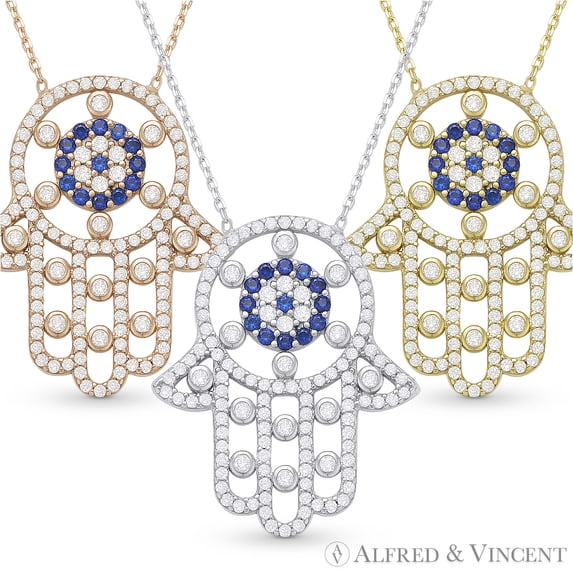 Hamsa Hand & Turkish Nazar Evil Eye Charm Pendant in .925 Sterling Silver w/ CZ Crystals