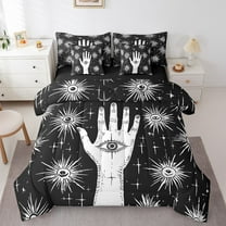 Hamsa Hand Twin Comforter Set 7 Piece,Gothic Eyes Theme Bedding Set,Vintage Geometric Pattern Bed In A Bag With Sheets Boho Exotic Bed Set,Black White