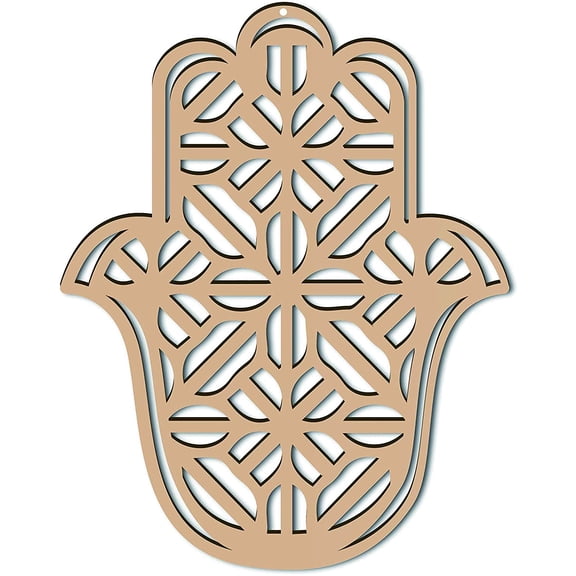 Hamsa Hand Wall Decor Wooden Wall Art Grid Sacred Geometry Laser Cut Wall Sculpture Hanging Decor Round 30 x 24 x 0.6cm