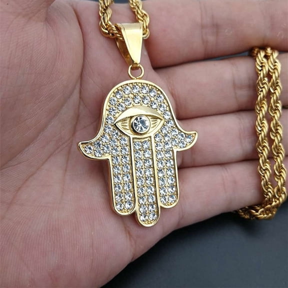 Hamsa Hand of Fatima Necklace Pendant & Chain For Men Women's 14K Yellow Gold Palm Necklaces Turkish Jewelry Gift